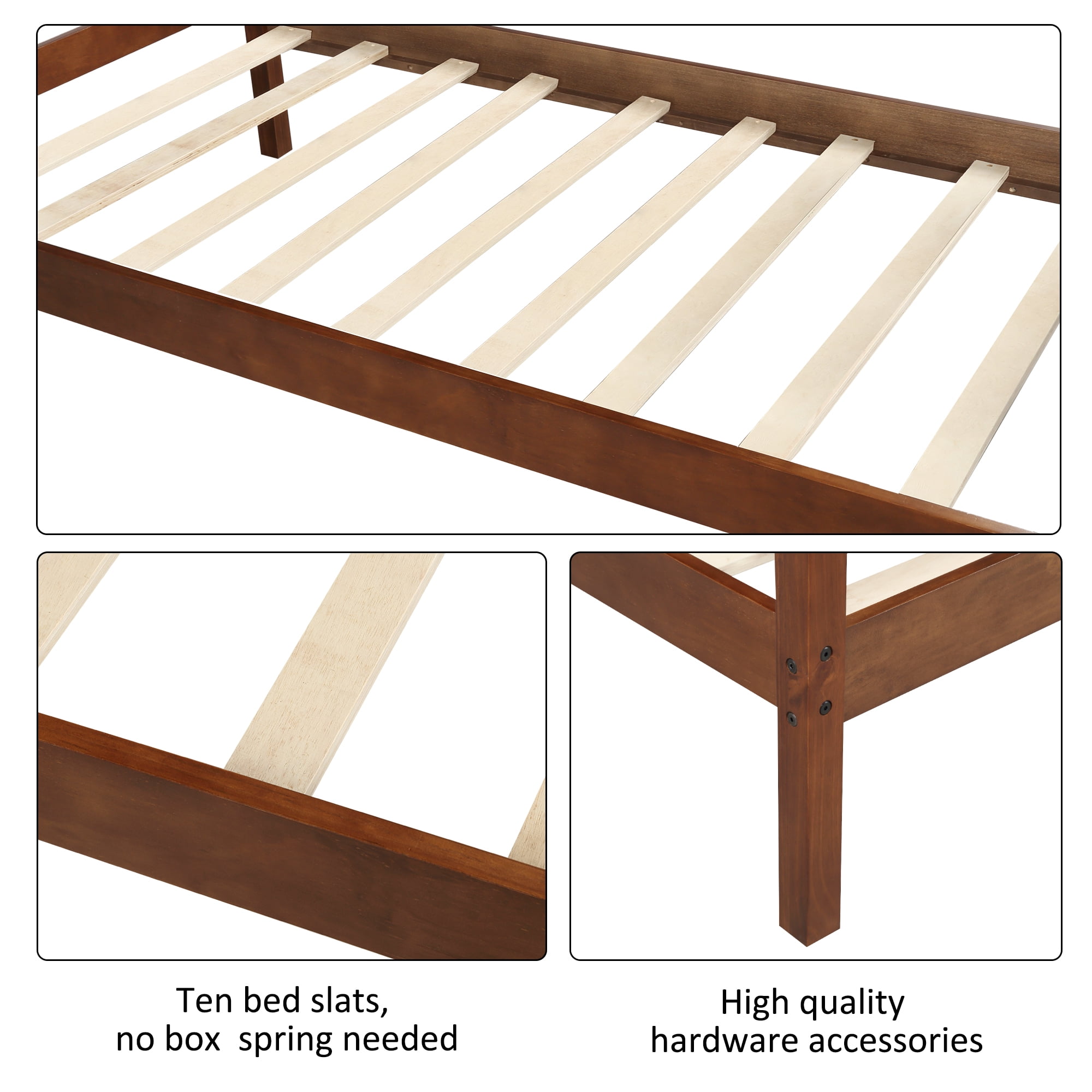 Hommoo Twin Size Wood Platform Bed with Headboard and Wooden Slat Support, Walnut