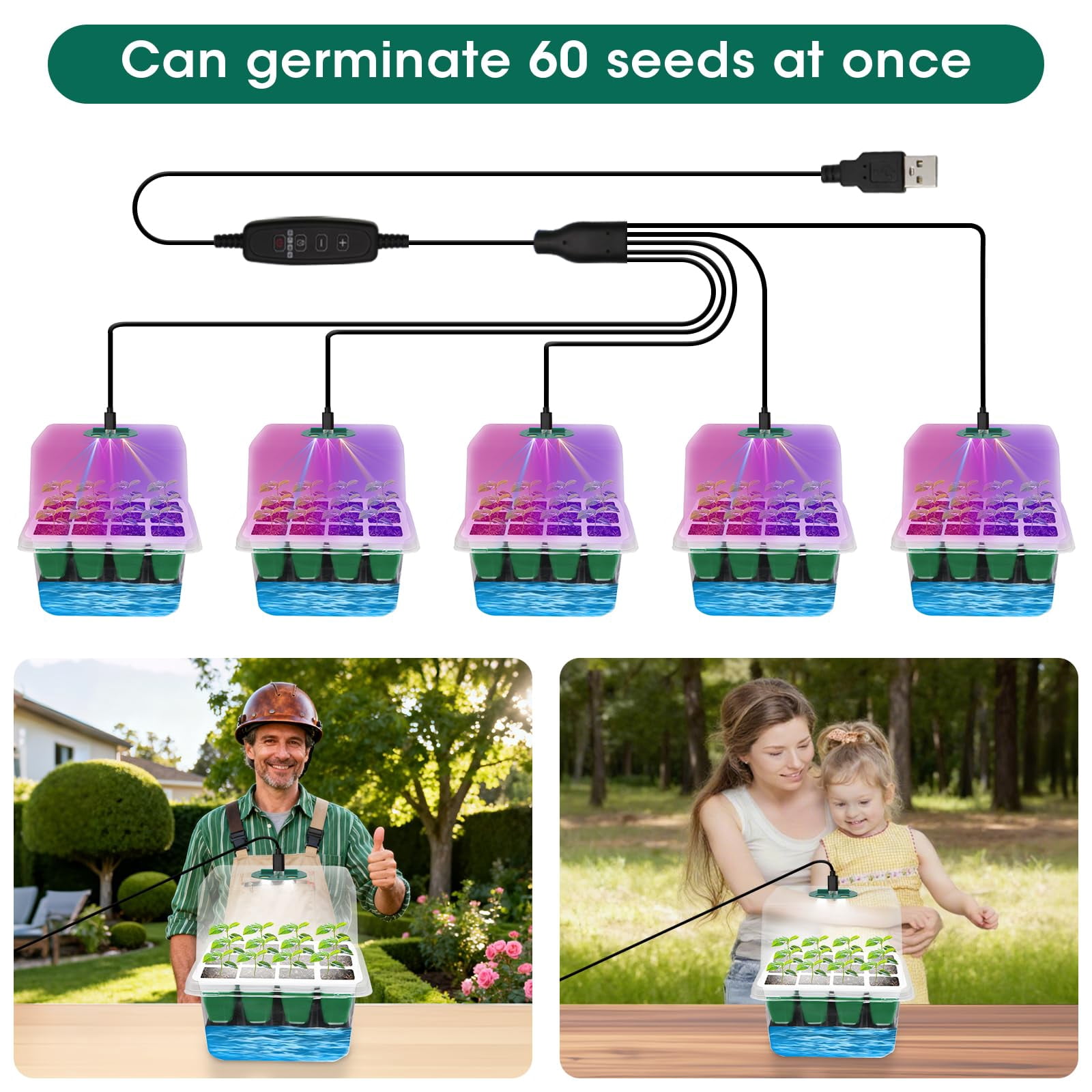60-Cell Self Watering Seed Starter Tray with Grow Light, 5-Pack Reusable Seed Starter Kit with Soft Silicone, Plant Germination Trays with Humidity Dome for Seeding Planting Growing