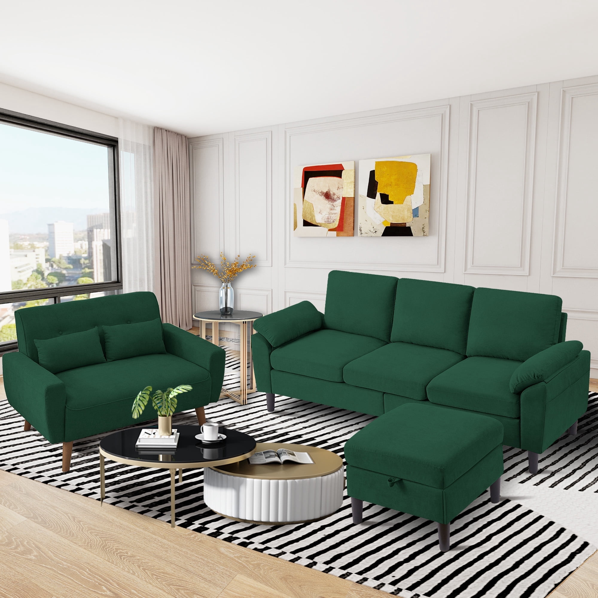 79" Convertible Sectional Sofa Set, Small L Shaped 3-Seat Couch with Reversible Chaise and Accent Chair, Modern Linen Sofas Couches for Living Room, Green