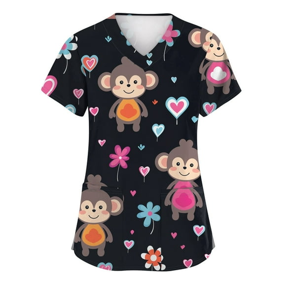YNGKMEA Cartoon Scrub Tops for Women Short Sleeve Medical Nurse Uniforms Cute Animal Print Plus Size Scrub Shirts V Neck Soft Stretch Comfortable Shirts with Pockets Black M
