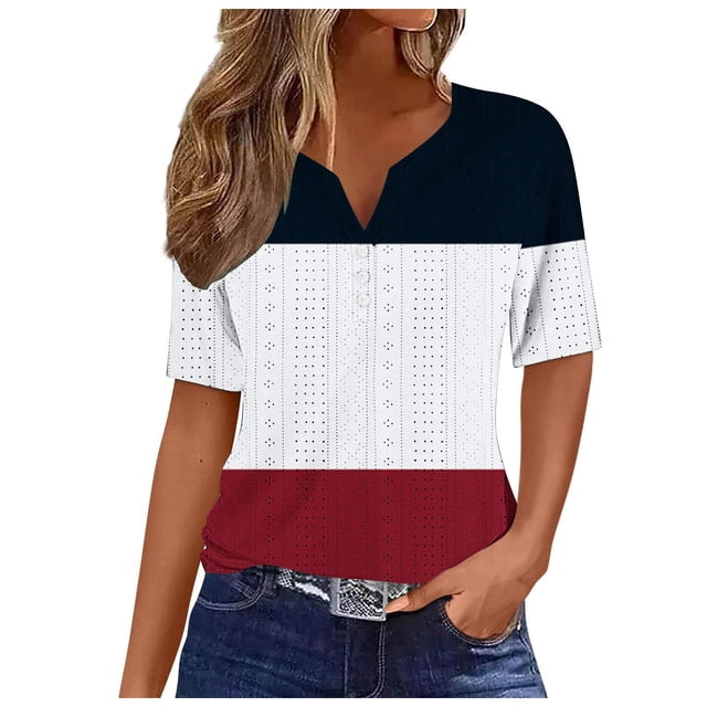 Timegard Eyelet Top for Women V Neck Button Short Sleeve Blouse Casual Loose Color Block Tee Shirts