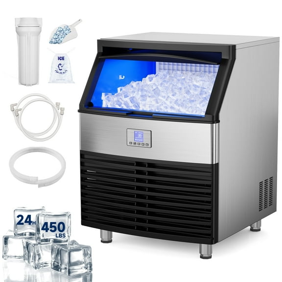Ecojoy Commercial Ice Maker, 450LBS/24H Ice Machine with 120 LBS Storage, Ice Ready in 8-15 min, Under Counter Ice Machine