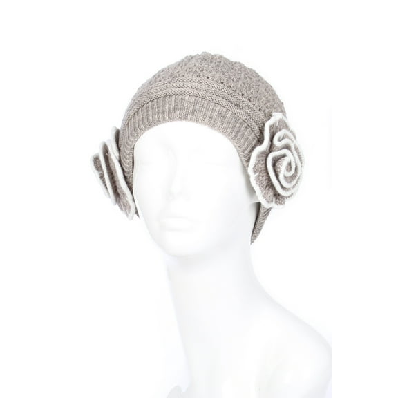 Ladies' Crochet Lace Warm Winter Fashion Knit Hat with Two Contrast Trim Flowers