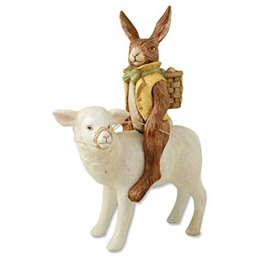 Bethany Lowe Vintage Spring Rabbit on Lamb Figure, 10.25"