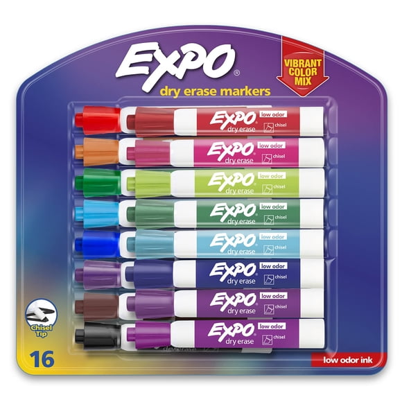 Marcadores de borrado en seco EXPO, con punta cincelada, de bajo olor, 16 colores surtidos
