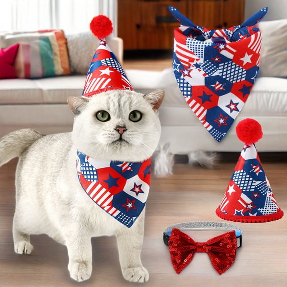 Antqov 4th of July Pet Costume Set Includes Dog Top Hat, US Flag Dog Bow Tie Collar, Headband, Bandana Independence Day Pet Clothes for Cats Dogs Supplies