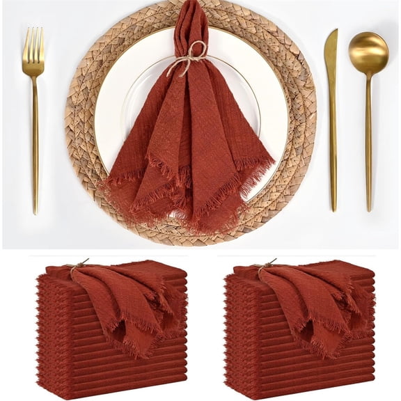 Scheam Square Cotton Linen Napkins with Fringe,20 Pcs Soft Cloth Napkins ,Rustic Handmade Dinning Table Napkins,Decorative Napkins for Birthday Wedding Party Dinner (Red)