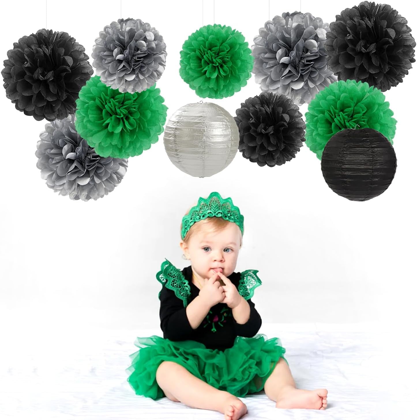 Green-Black Silver Party-Decorations Paper Flowers Lanterns - 15PCS Football Game Day Birthday Tissue Pom Poms Streamers, Bachelorette New Years Hanging Supplies Decor