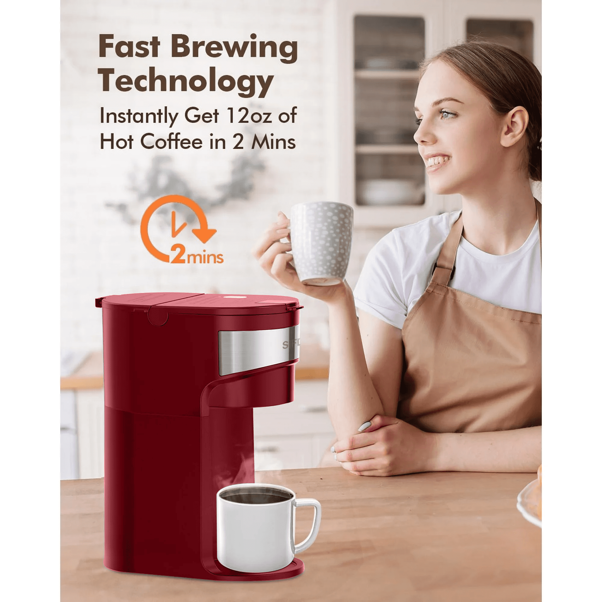 SIFENE 2-in-1 Single Serve Coffee Maker, Compatible with K Cup Capsules & Grounds, Fast Brew, Mini Compact Design, 6-12 Oz Brew Sizes, Descaling Reminder, Reusable Filter, Dorm RV, Red
