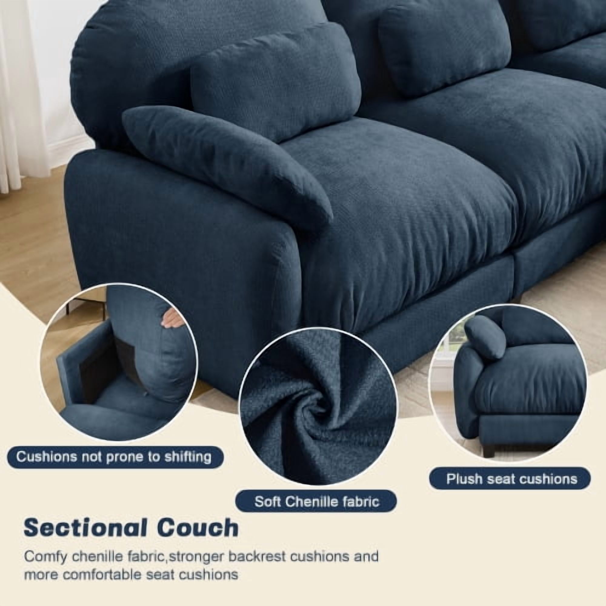 136.2" U-Shaped Cloud Feel 4-Seater Sofa Set with 2 Removable Ottomans, Luxe Chenille Modular Sectional Couch, Extra Wide Deep Seat, Blue