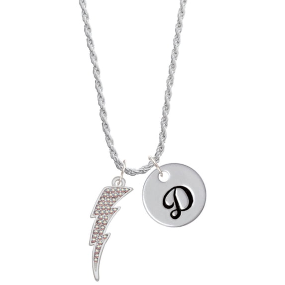 Delight Jewelry Silvertone Large Clear AB Crystal Lightning Bolt Silvertone Script Initial Disc - D - Charm Necklace, 20"+3"