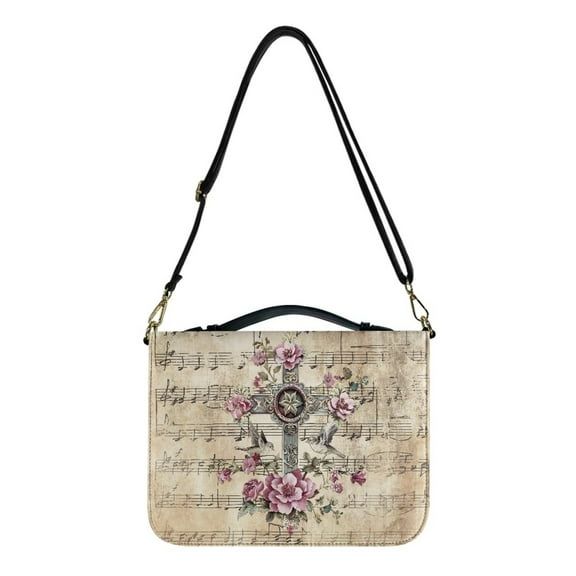 ZUXONGSY Cross Flower Hummingbird Print Bible Case for Women Men Music Note Design Lightweight Leather Bible Cover Waterproof Bible Bag with Sturdy Handle and Adjustable Strap, 2XL