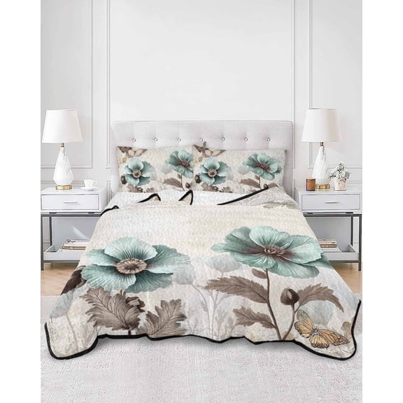 Quilts Twin Size, Teal Brown Spring Floral Soft Comforter Bedding Set for Bed, Vintage Flowers Elegant Botanical Lightweight Quilted Bedspread with Pillow Cover(2 Pieces) for All Season, 68x86 Inch