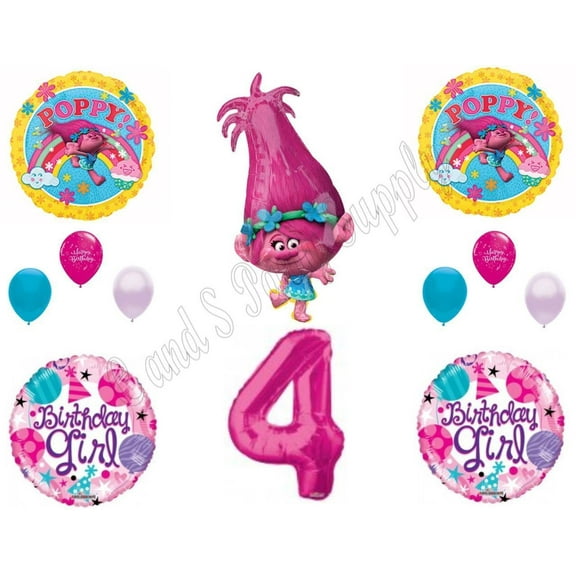 POPPY TROLLS 4th Birthday Girl Happy Party Balloons Decoration Supplies Movie