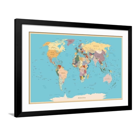 Art.com Highly Detailed World Map with Vintage Color. Art Print by frees Black Frame Wall Art 44 x 32
