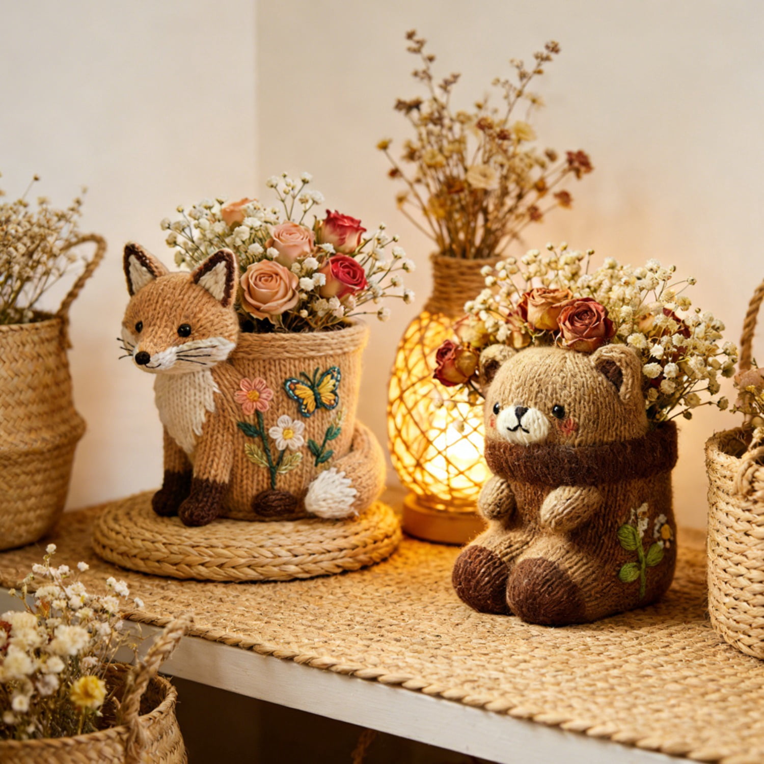 2 Pcs Knitted Fox & Bear Flower Pot Silicone Resin Mold, 3D Cute Animal Shaped Mold for Concrete Cement Plaster Clay, DIY Planter Storage Jar Epoxy Mold for Home Decor Craft