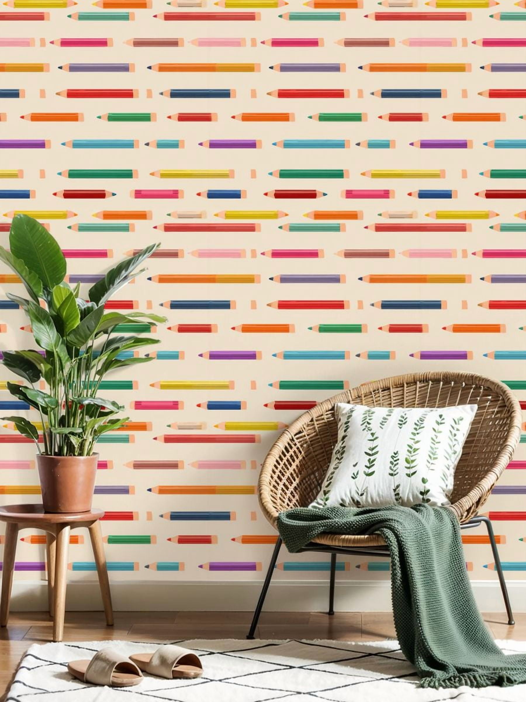 Peel and Stick Wallpaper Colorful Horizontal Pencil Beige Wall Mural 23.6in x 9.8ft Self Adhesive Removable Wall Paper Renter Friendly Wallpaper for Nursery Bedroom Cabinets Back to School Decor