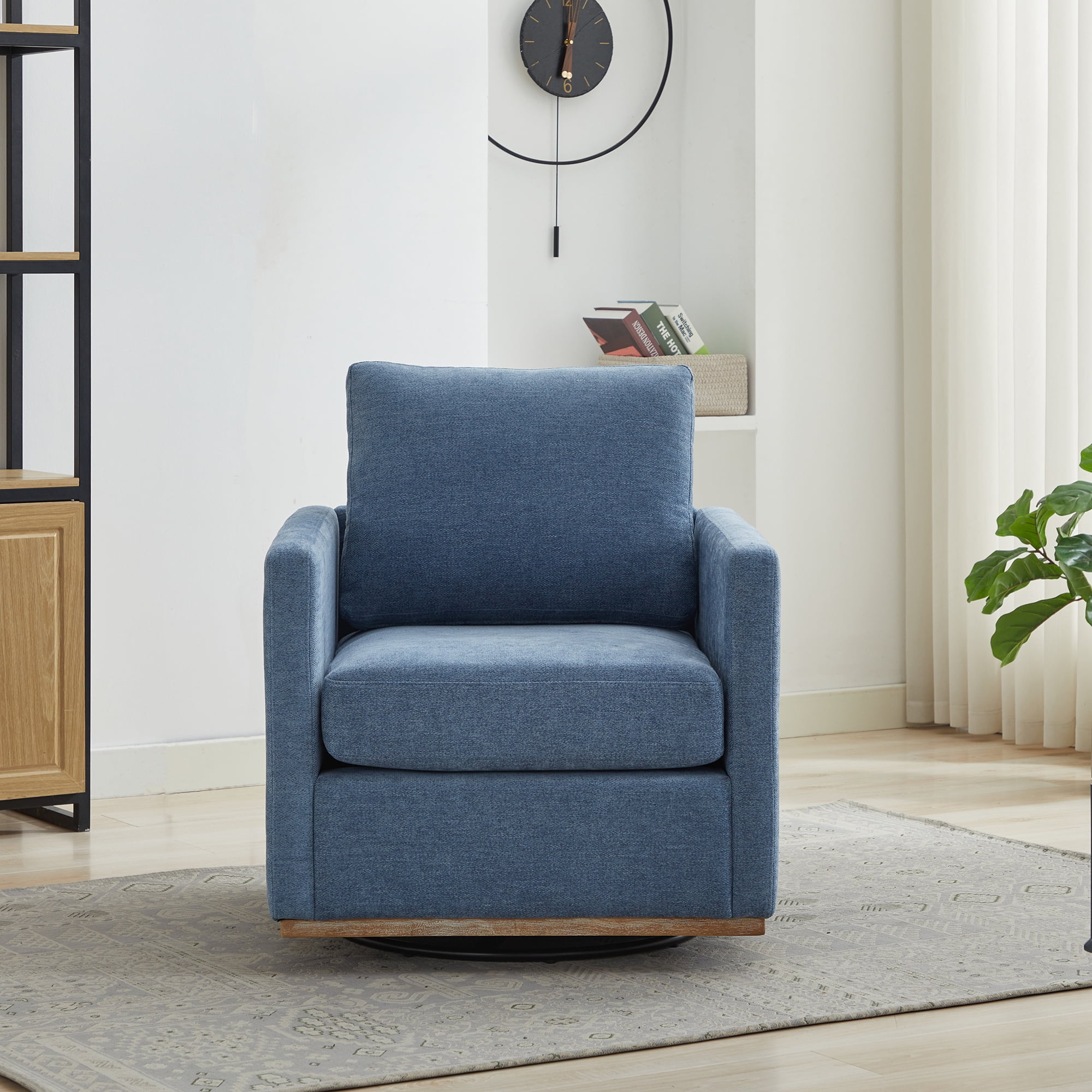 360° Swivel Accent Chair Chenille Arm Chair Upholstered Single Sofa Chair with Wooden Base,Club Lounge Reading Armchair for Living Room Bedroom Apartment,Blue