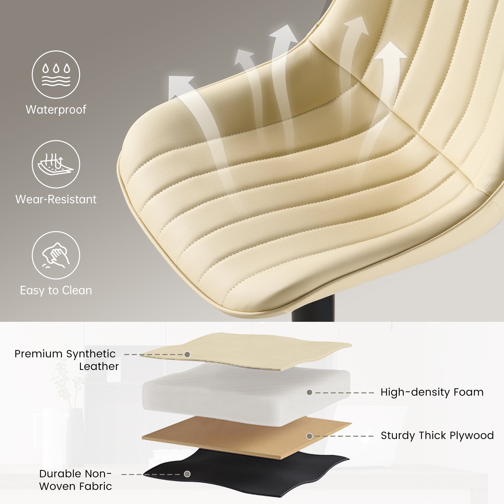 SAETSFEG Bar Stools, Adjustable Swivel Counter Height Bar Stool with Footrest, Modern PU Leather Bar Chairs for Kitchen Island, Dining Room, Beige