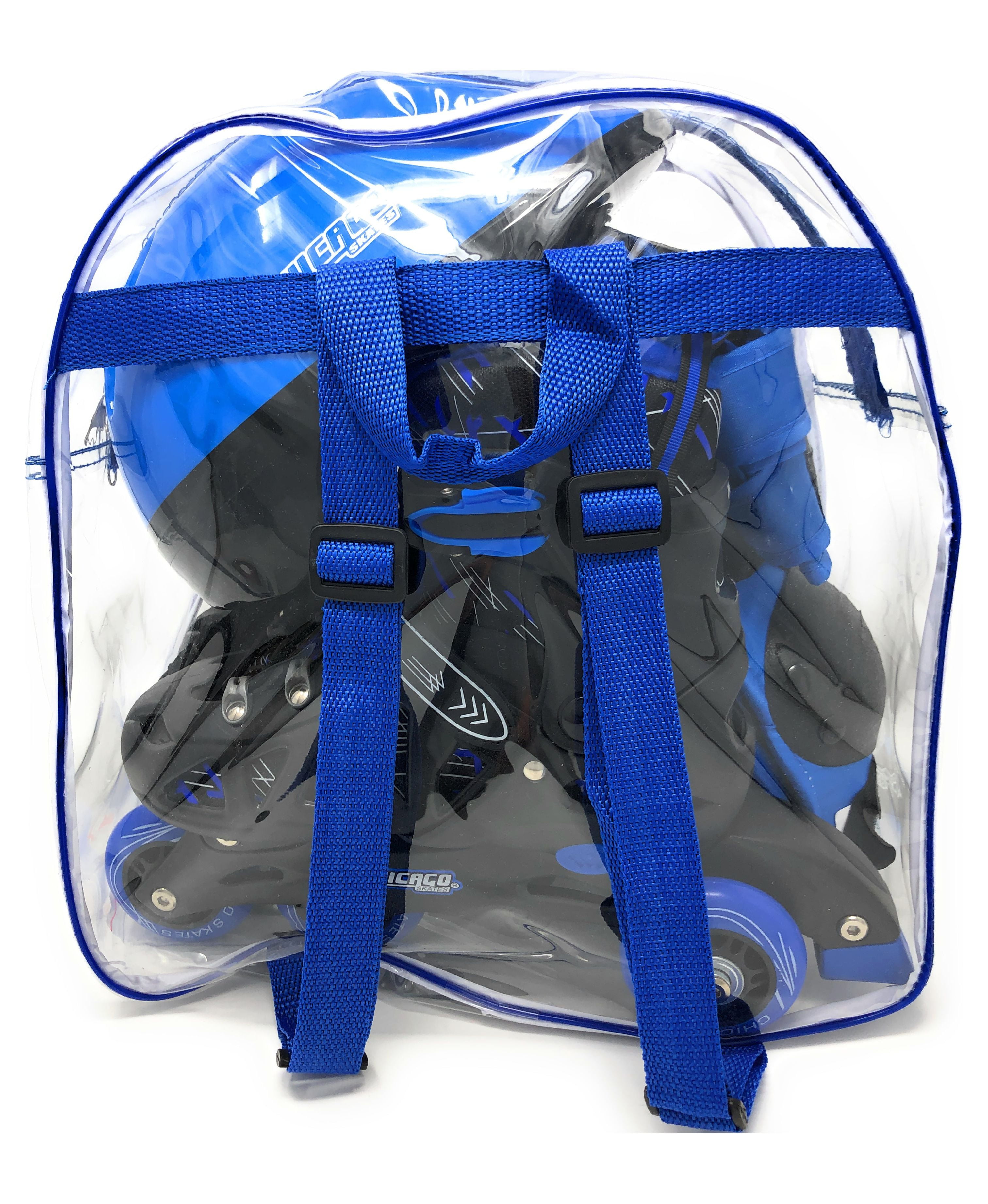 Chicago Skates Adjustable Inline Training Skate Combo Set Black/Blue/White – Includes Skates, Helmet, Knee pads, Wrist guards and Carryall backpack - Size Small (J10-J13)