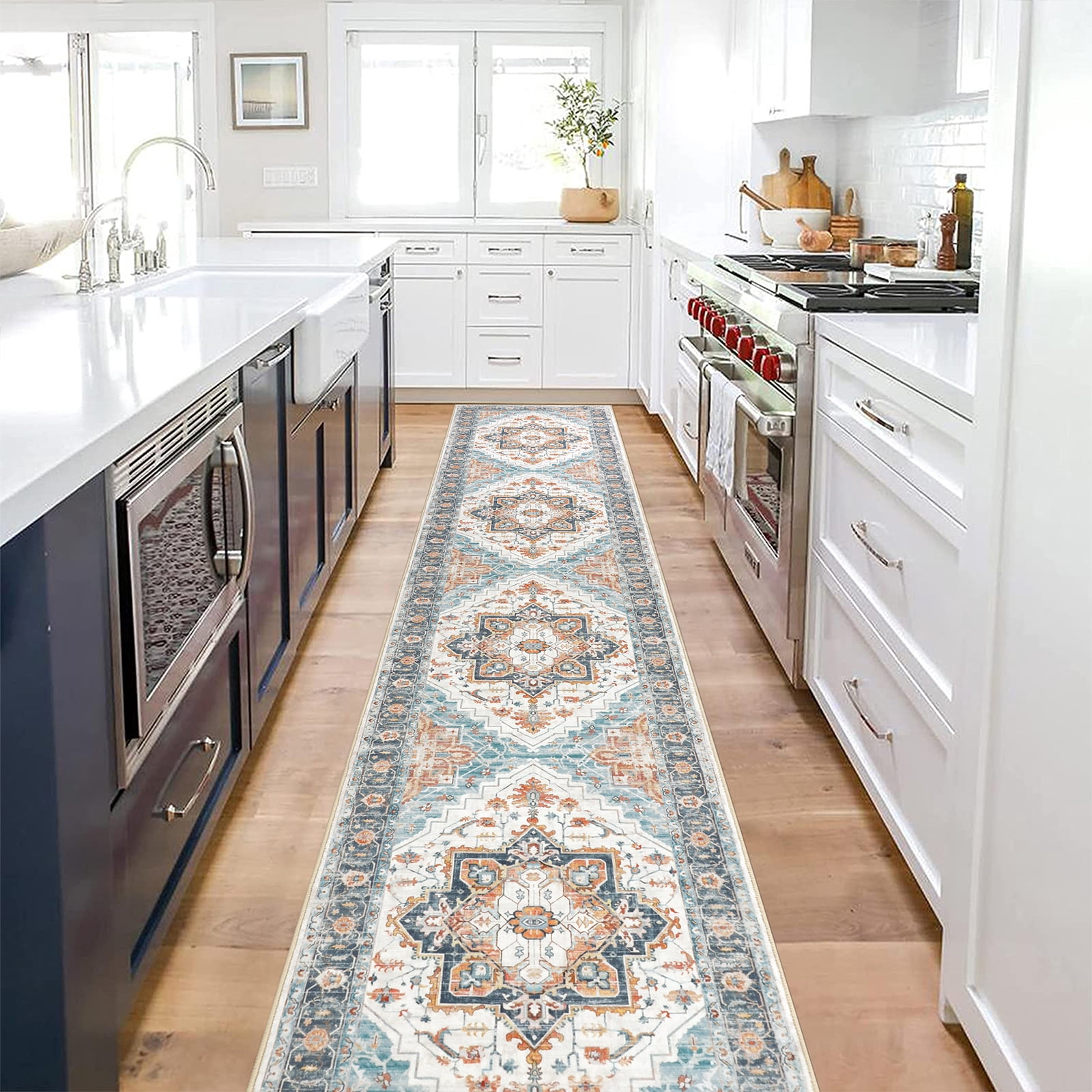 2 x10ft Washable Hallway Runner Rugs, Non-Slip Soft Kitchen Rug Runner Laundry Room Rug, Vintage Floor Runner for Kitchen Entryway Laundry Room