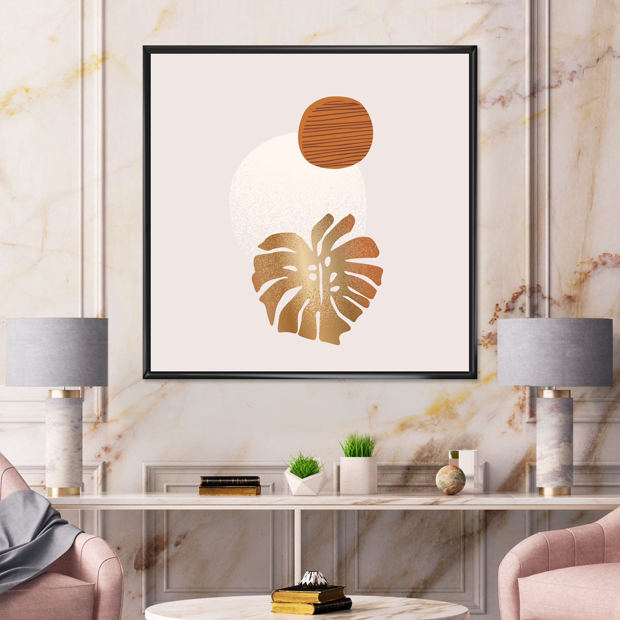 Designart 'Abstract Geometry Shapes and Tropical Palm Leaf II' Modern Framed Canvas Wall Art Print