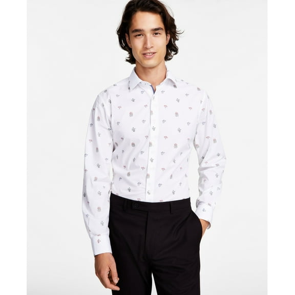 Bar III Dress Shirt Mens 14-14.5 32/33 Slim Fit Needlepoint Flower Print Stretch