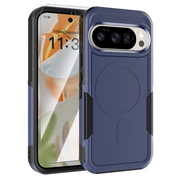 Dteck Magnetic Case with Tempered Glass Screen Protector for Google Pixel 10 /10 Pro,Shockproof TPU PC Case Compatible with Mag Safe Back Cover for Google Pixel 10 /10 Pro,Darkblue
