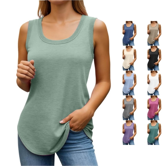 XIAOCHA Womens Solid Tank Top U Neck Sleeveless Curved Hem Casual Daily Blouse