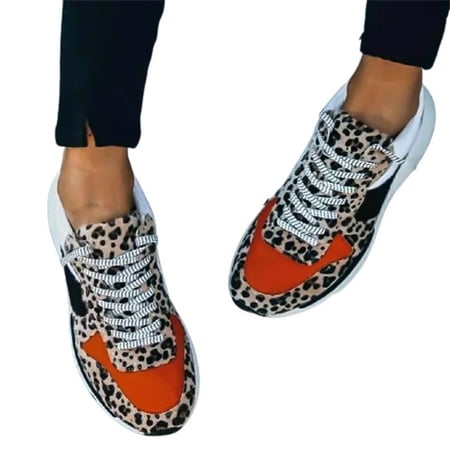 

Happyhome Women Casual Leopard Printed Color Matching Lace Platform Sneakers Walking Shoes