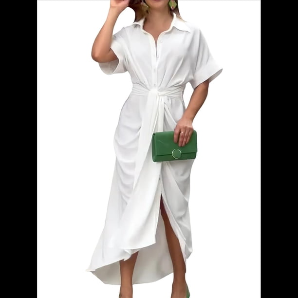 Vestido Camisero Fruncido de Verano para Mujer, Corta, Solapa, Cuello en V, Fiesta, Cintura Alta, XXXL