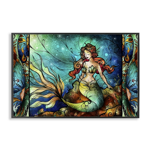 Stupell Industries Elegant Seated Mermaid Fantasy & Sci-Fi Painting Black Framed Art Print Wall Art, 18 x 12