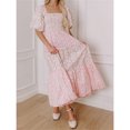 thumbnail image 2 of Pink Boho Floral Print Square Neck Puff Sleeve A-Line Tiered Maxi Dress With Smocked Waist, 2 of 8