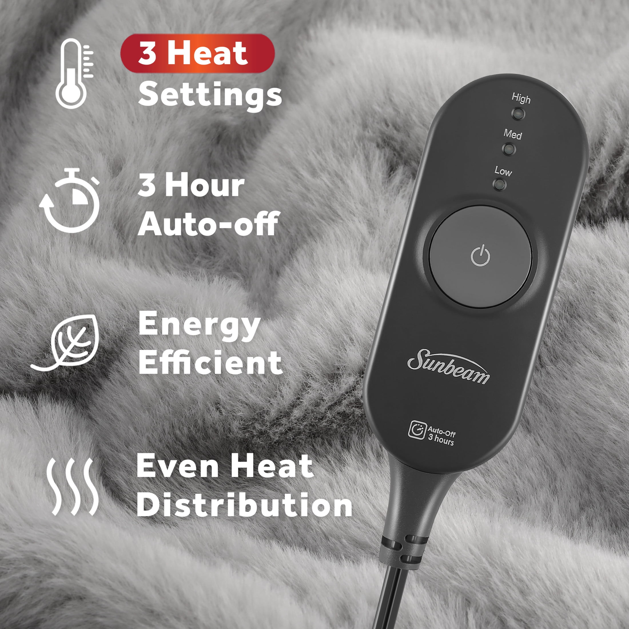 Sunbeam Heated Throw Blanket Faux Fur Gray 3 Heat Settings 3-Hour Auto Shut Off 50"x60"
