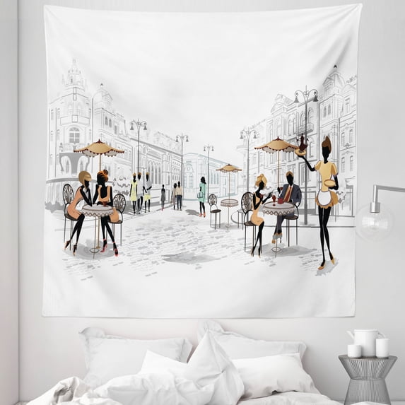 Urban Tapestry, View of a Street Restaurant at a Town Centre in Europe with Historical Buildings, Fabric Wall Hanging Decor for Bedroom Living Room Dorm, 5 Sizes, Multicolor, by Ambesonne