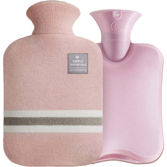 Jinsinto 2 Liter Heated and Freezable Thermos Hot Water Bottle with Classic Stripes, Hot Cold Therapy for Pain Relief, Cute Student Portable Flannel Hand Warmer, Large Hot Water Bag, Pink