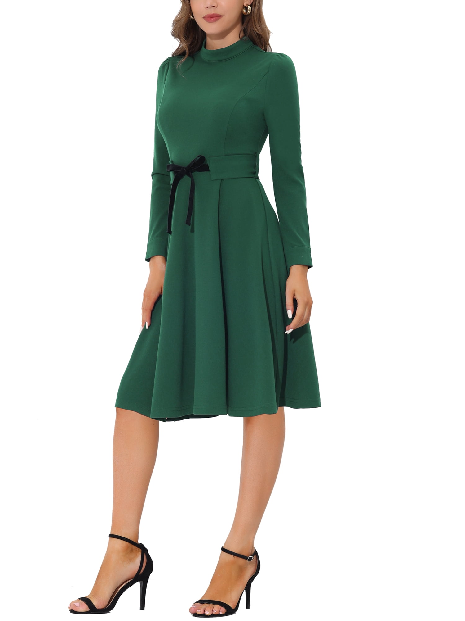 Unique Bargains Juniors Elegant Mock Neck Long Sleeve Self Tie Waist Knit Midi Dress M Green