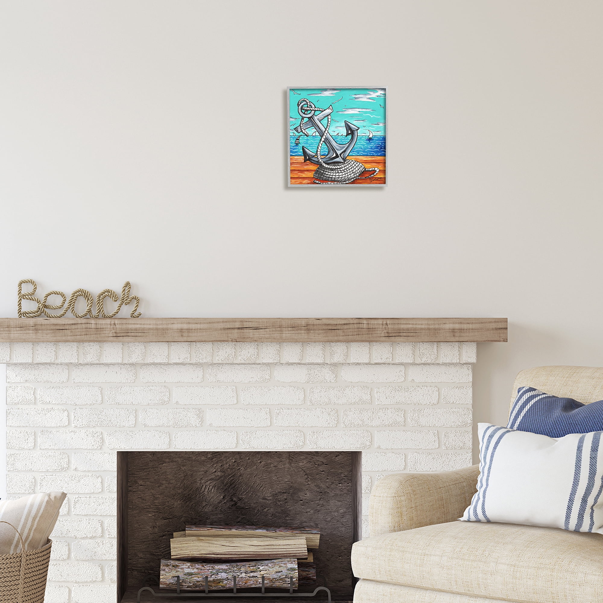 Stupell Industries Maritime Anchor on Beach Nature Painting Gray Framed Art Print Wall Art, 12 x 12