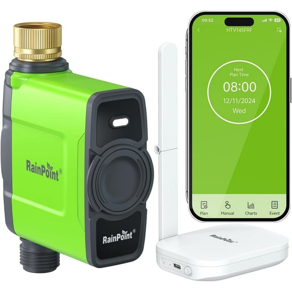 RainPoint Smart Sprinkler Timer 1 Zone Irrigation System for Garden Watering, HTV145B Water Hose Timer and HWG023WRF WI-FI Hub