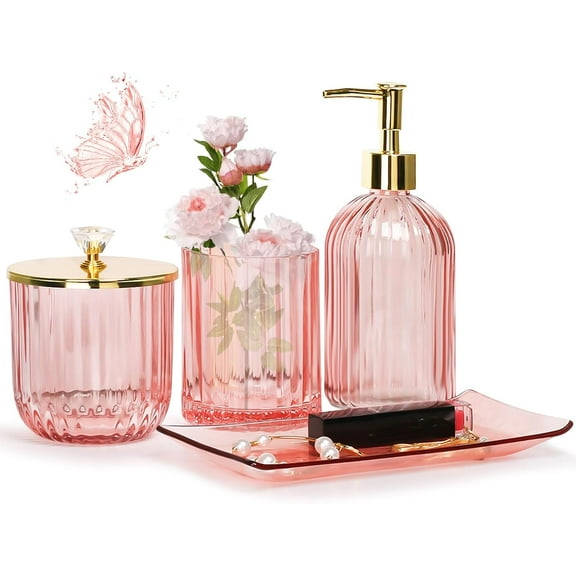 Pink Bathroom Accessories Set, 4 Pcs Glass s, Soap Dispenser, Toothbrush Holder, Qtip Holder, Vanity Tray, Housewarming Dorm Apartment Decor Home Essentials Gift For Her