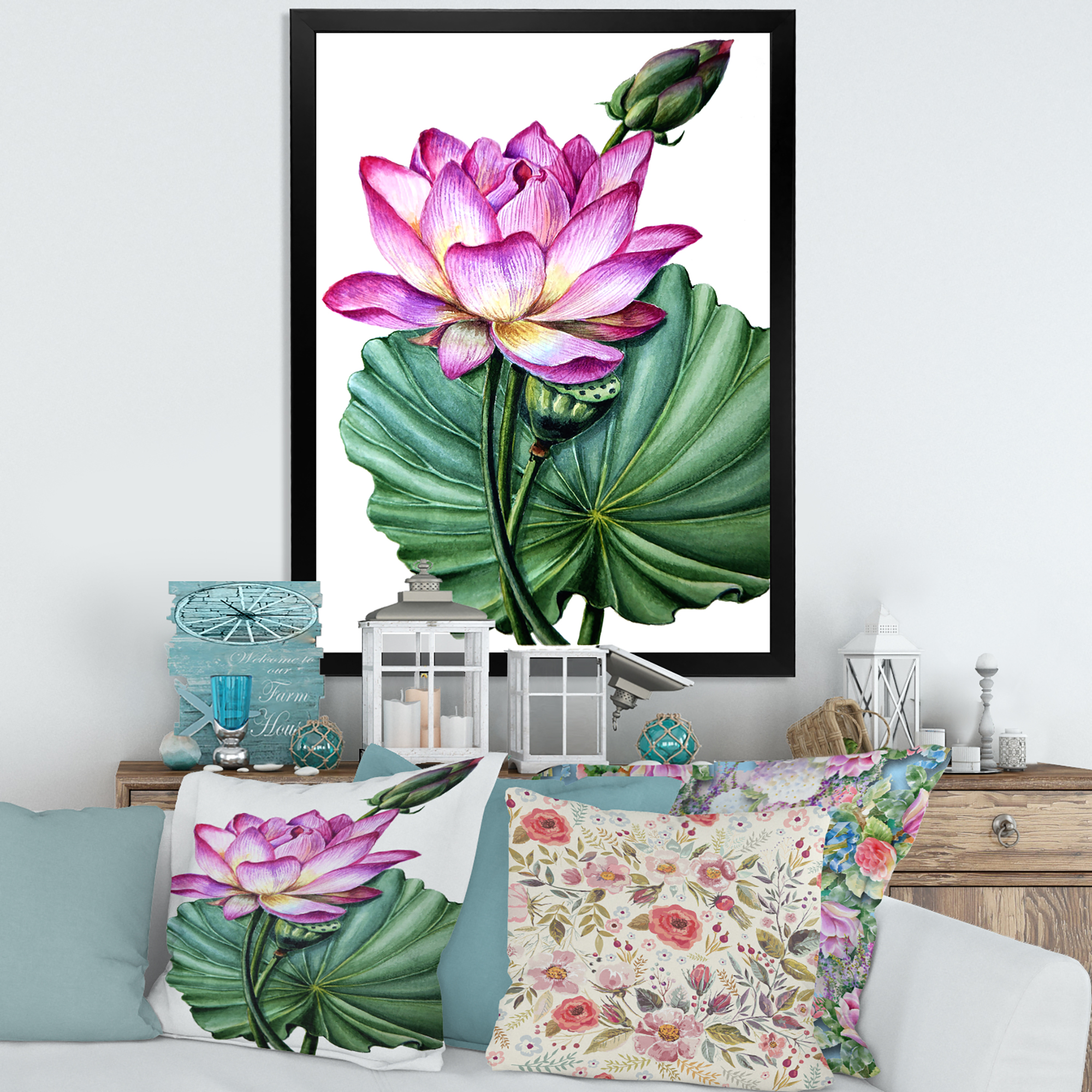 Designart 'Ancient Pink Lotuses In The Pond VI' Traditional Framed Art Print