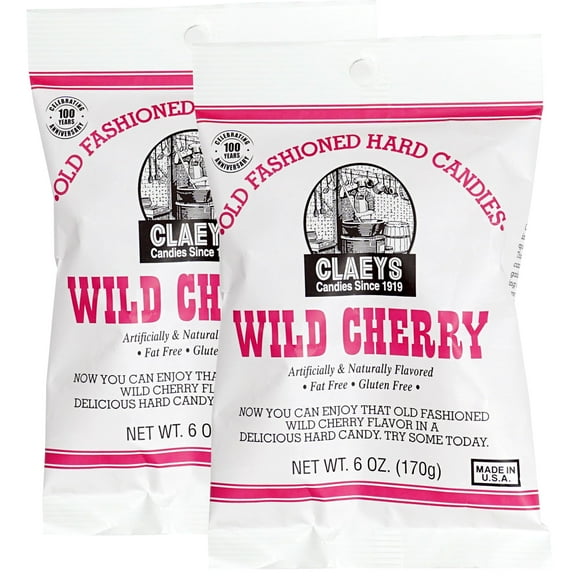 Claeys Sanded Wild Cherry Drops, 6 Oz Bag - 2 Pack, Hard Sour Candy, Wild Cherry Flavored Candy