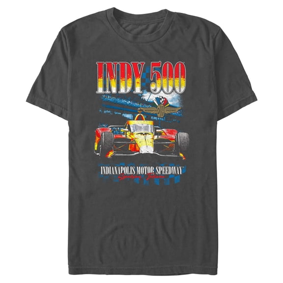 Mens Indy 500 Distressed Red and Yellow Racing Car T Shirt