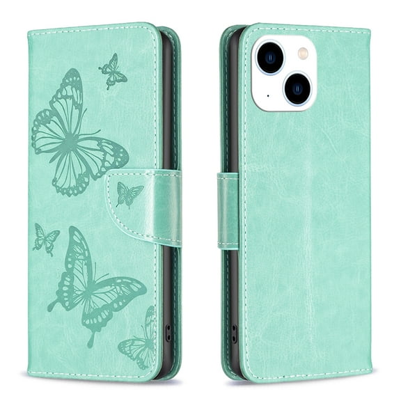 Dteck for Apple iPhone 15 Plus Wallet Case, Shockproof PU Leather Folio Butterfly Floral Embossed Holster Silicone Bumper with Card Holder Kickstand Magnetic Closure Lanyard for Women Girl, green