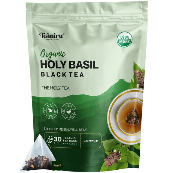 Teaniru, Holy Basil Black Tea (Tulsi Tea) - 30 Count | For Overall Mental Well-being | Rich in Vitamin C, K, A & Adaptogenic Properties | Your Morning Kickstart | Certified by USDA Organic