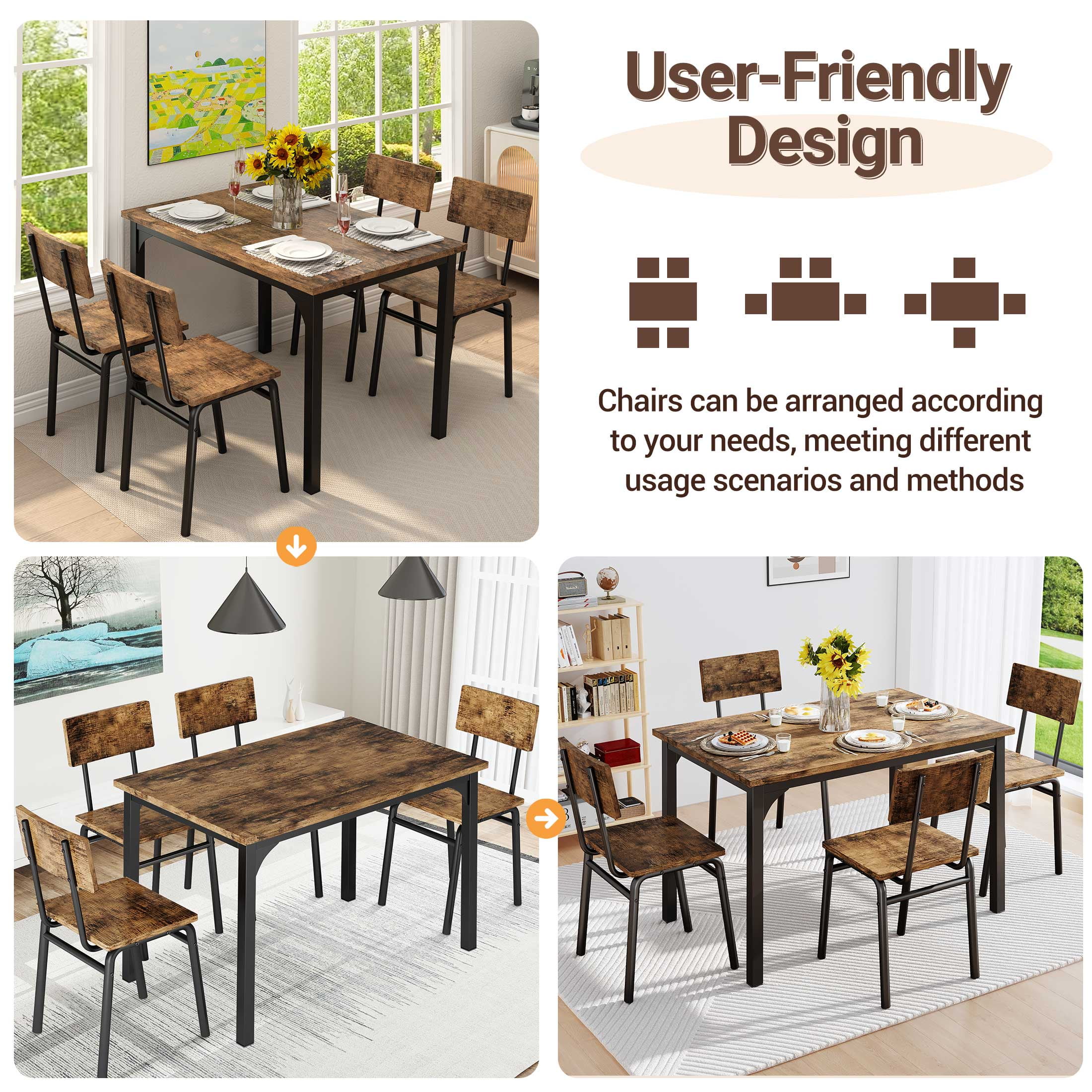 PAPROOS Dining Table Set for 4, Farmhouse Rectangle Wood Kitchen Table with 4 Wood Chairs, Dining Room Set for Breakfast Nook, Small Places, Restaurant, Brown
