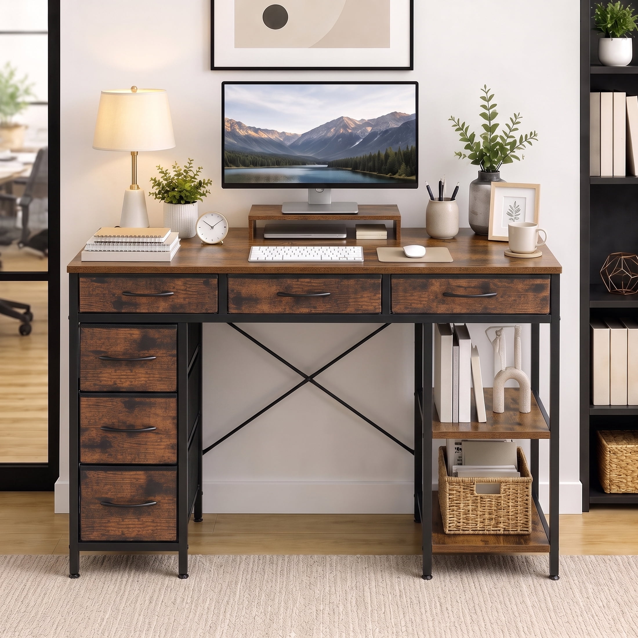 EDX, Computer Desk, 55 Inch, White with Fabric Drawers and Shelves