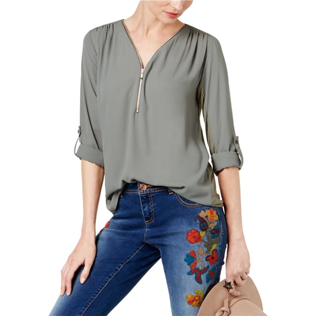 INC Blusa de punto utilitario de medios mixtos para mujer, verde, grande