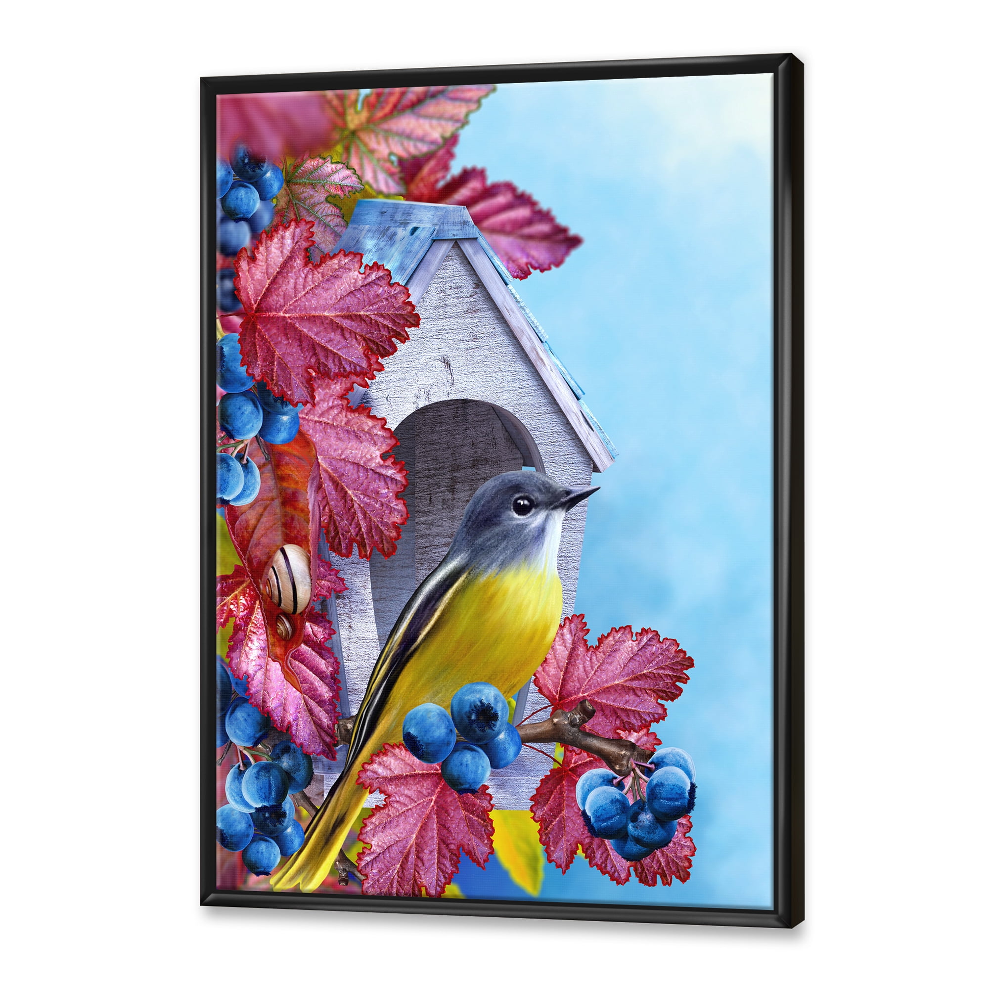 Designart 'Titmouse Bird Sitting On A Berries Branch Near A Birdhouse' Traditional Framed Canvas Wall Art Print