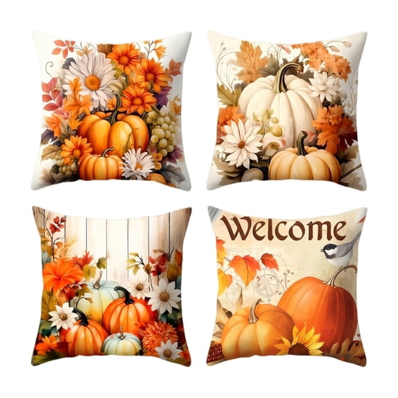 LSLXA Fall Pillow Covers 18X18 Inch Set Of 4 Thanksgiving Pumpkin Flower Decorative Throw Pillow Cases Autumn Harvest Soft Pillowcase For Home Farmhouse Living Room Decor